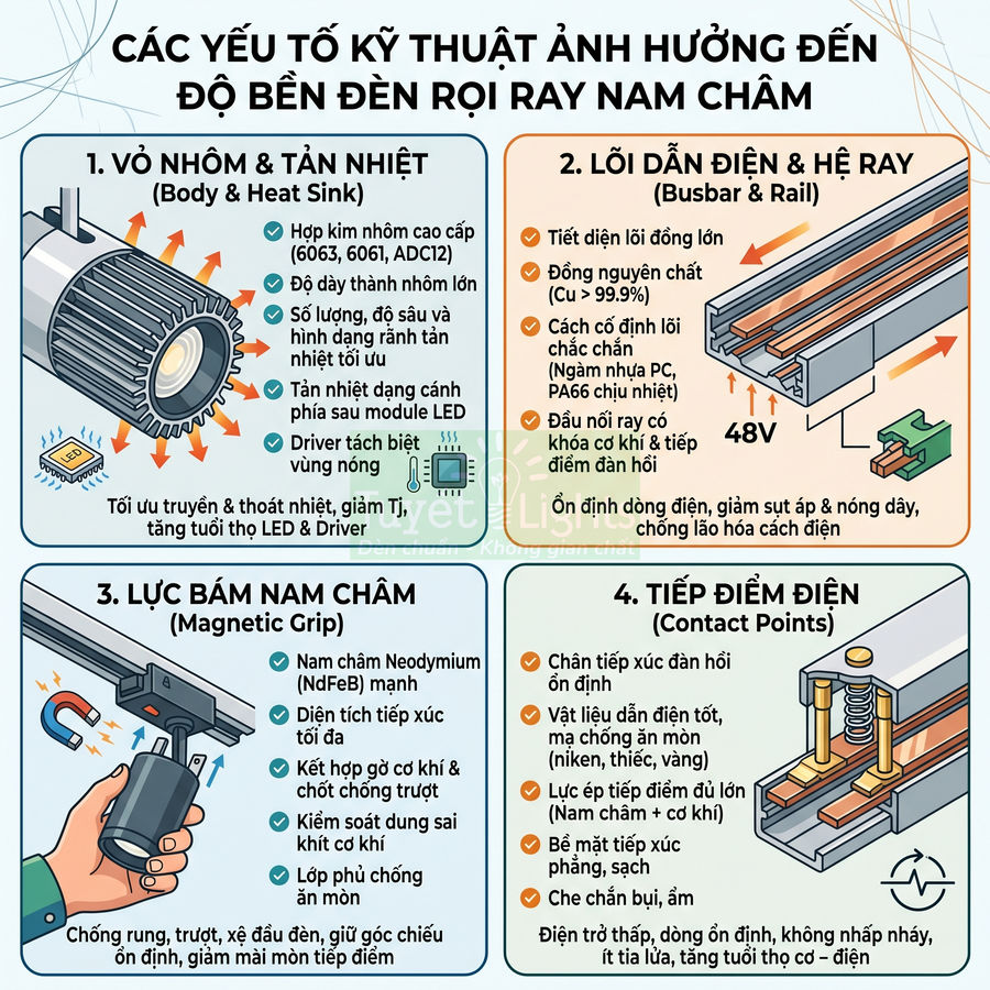 Infographic các yếu tố kỹ thuật ảnh hưởng độ bền đèn rọi ray nam châm và cấu tạo chi tiết từng bộ phận