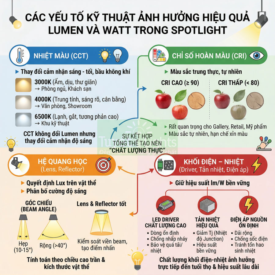 Infographic các yếu tố kỹ thuật ảnh hưởng hiệu quả lumen và watt trong đèn spotlight LED