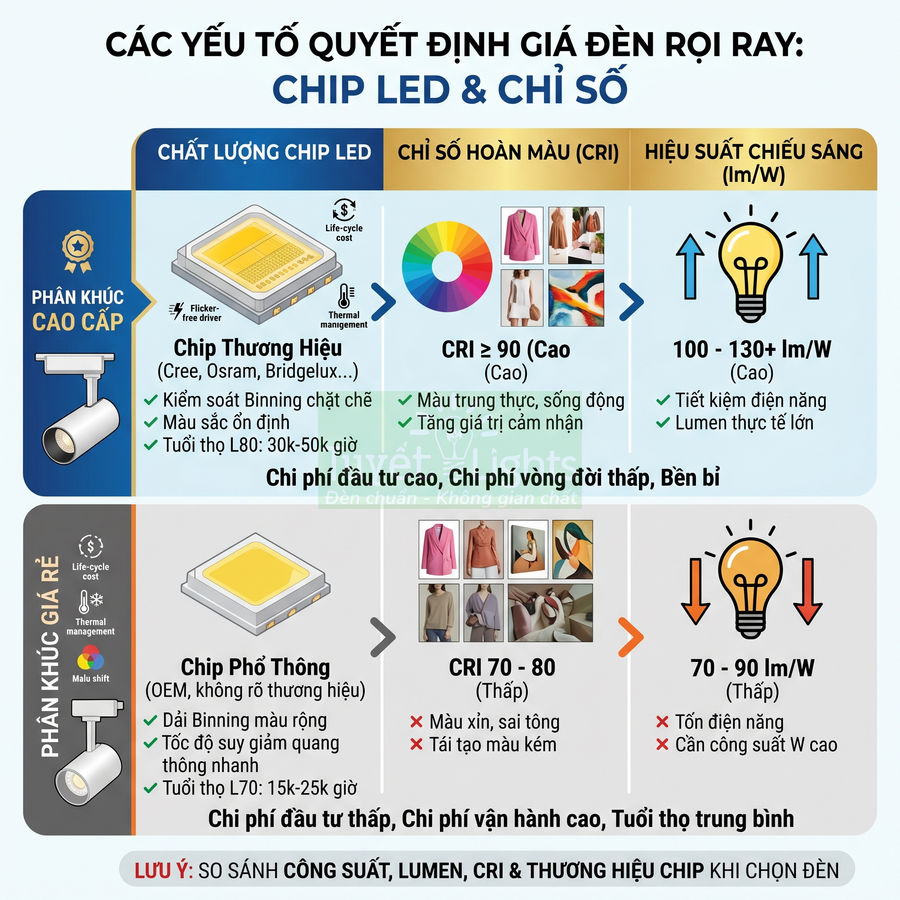 Infographic so sánh chip LED cao cấp và giá rẻ cho đèn rọi ray về CRI, hiệu suất chiếu sáng và độ bền