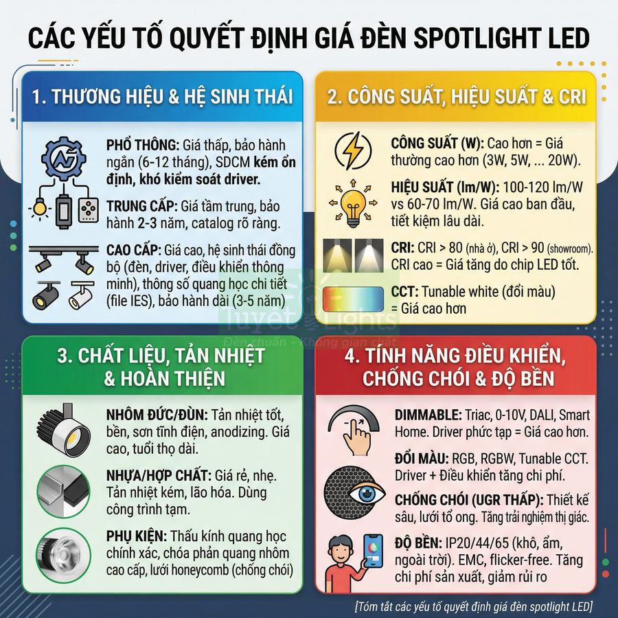 Infographic các yếu tố quyết định giá đèn spotlight LED về thương hiệu, công suất, chất liệu và tính năng điều khiển
