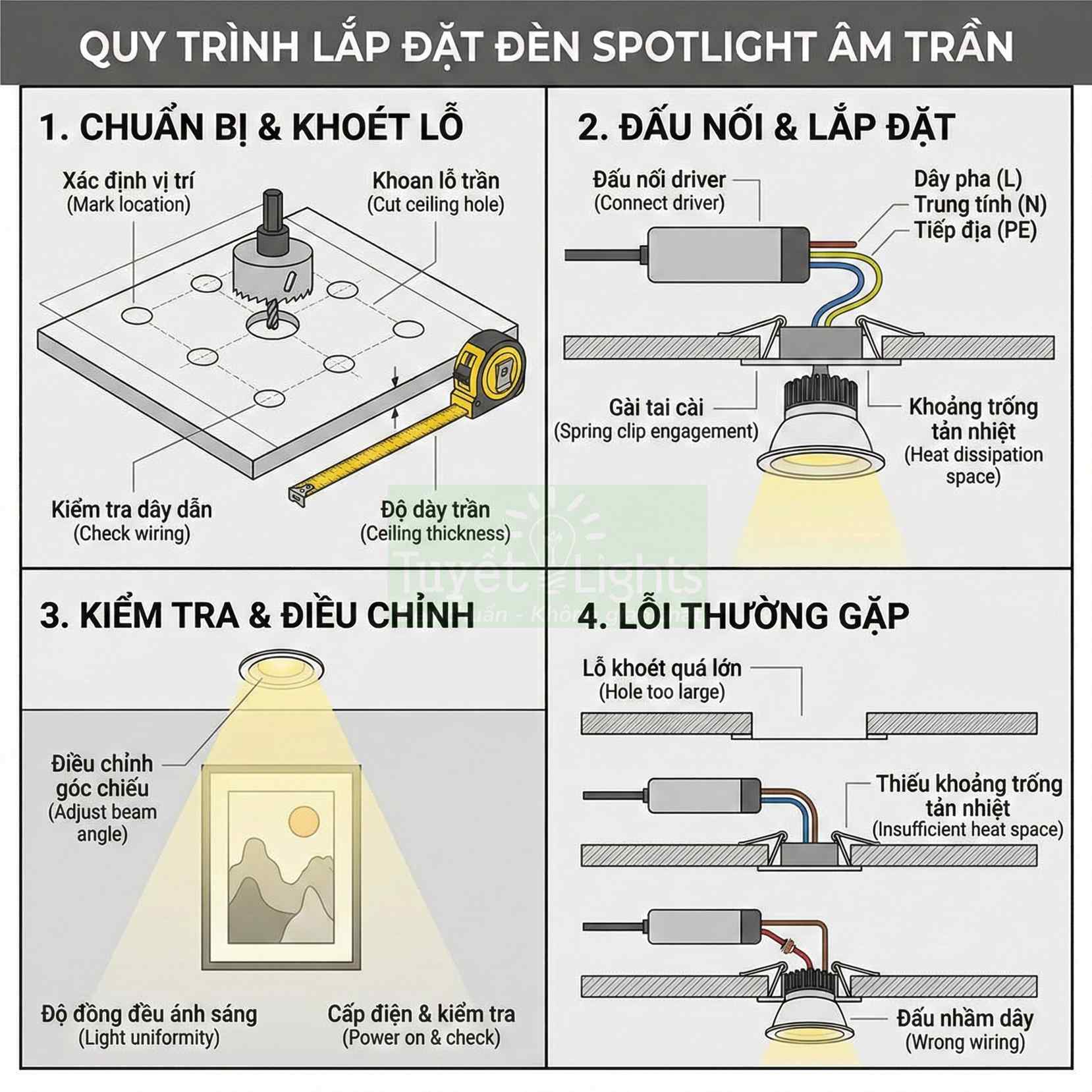 Hướng dẫn quy trình lắp đặt đèn spotlight âm trần, các bước khoét lỗ, đấu nối, điều chỉnh và lỗi thường gặp