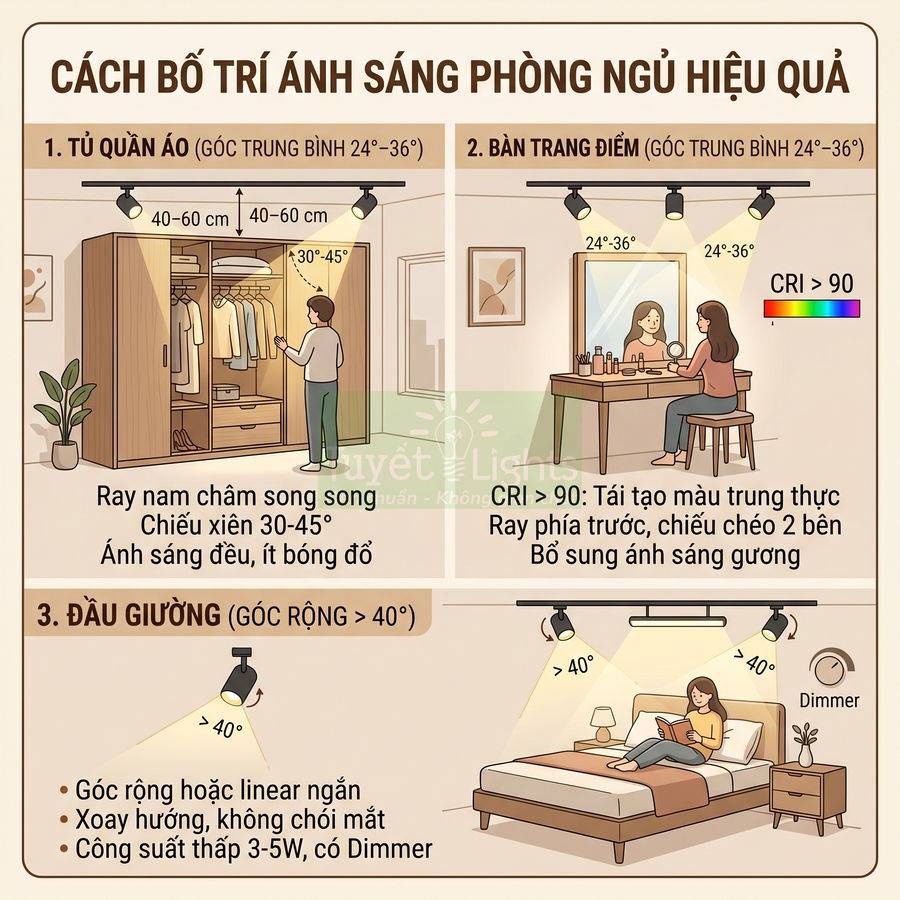 Hướng dẫn bố trí đèn rọi ray cho tủ quần áo, bàn trang điểm và đầu giường trong phòng ngủ hiệu quả