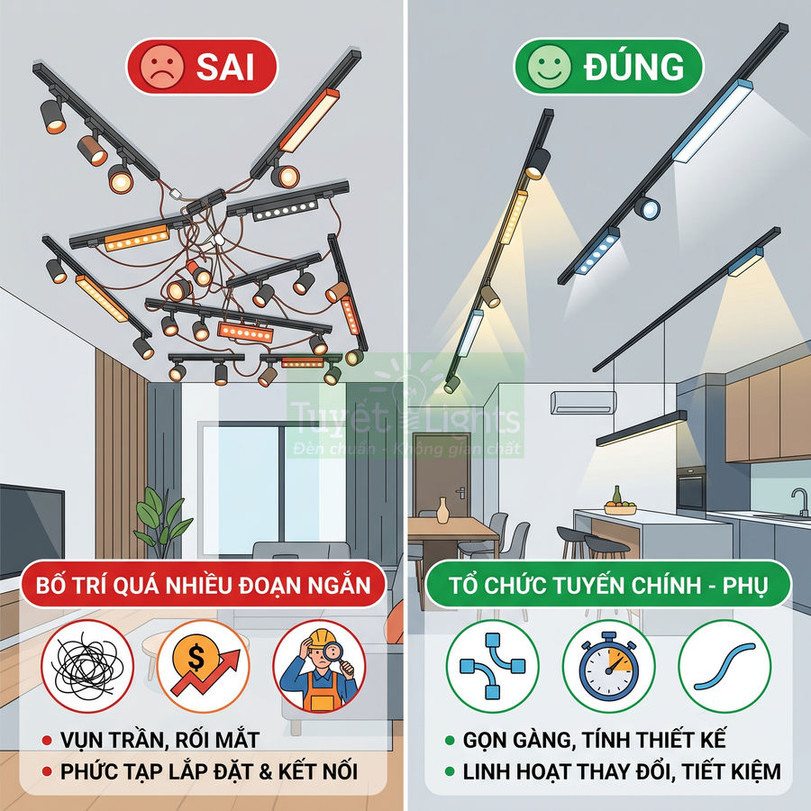 So sánh cách lắp đặt đèn ray nam châm sai rối dây và đúng gọn gàng trong phòng khách liền bếp