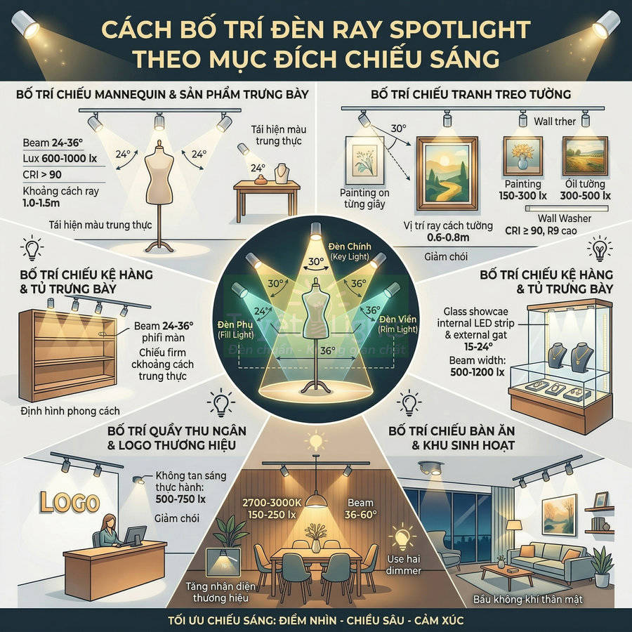 Infographic hướng dẫn cách bố trí đèn ray spotlight chiếu mannequin, kệ trưng bày, tranh treo tường và bàn ăn