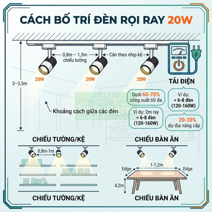 Hướng dẫn bố trí đèn rọi ray 20W chiếu tường kệ và bàn ăn với khoảng cách lắp đặt và tải điện hợp lý