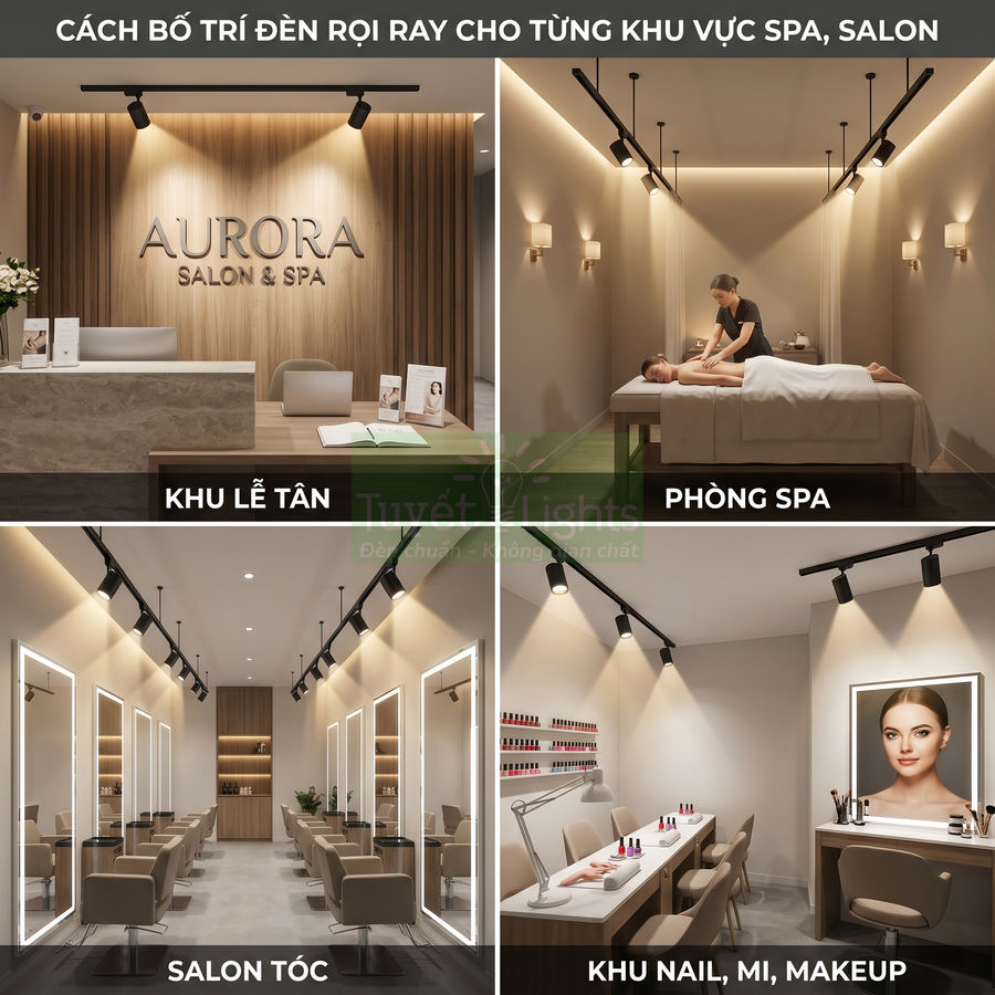 Cách bố trí đèn rọi ray hiện đại cho khu lễ tân, phòng spa, salon tóc và khu nail mi makeup Aurora