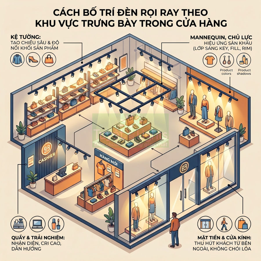 Minh họa cửa hàng thời trang với hệ thống đèn rọi ray chiếu sáng kệ trưng bày quần áo, giày dép và mannequin