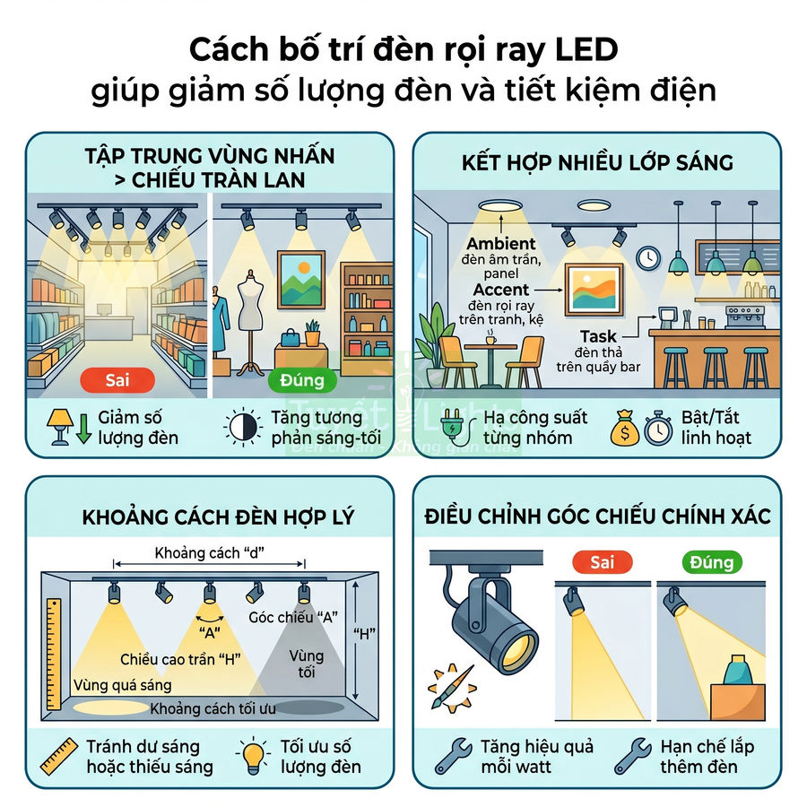 Hướng dẫn bố trí đèn rọi ray LED trong cửa hàng và quán cà phê để giảm số lượng đèn và tiết kiệm điện