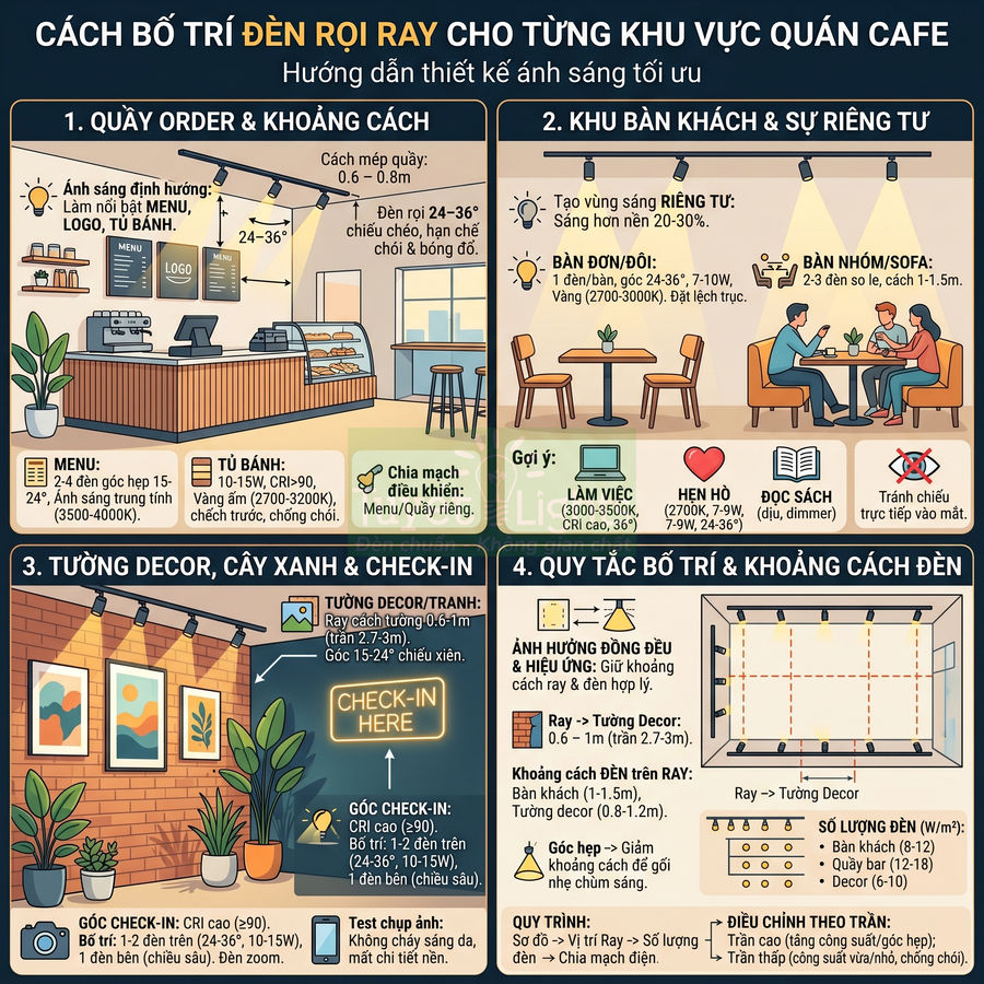 Infographic hướng dẫn bố trí đèn rọi ray cho từng khu vực trong quán cafe hiện đại