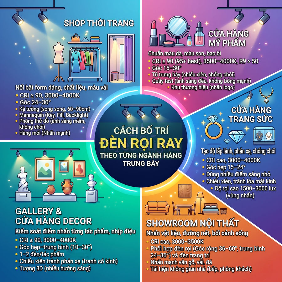 Cách bố trí đèn rọi ray cho shop thời trang, mỹ phẩm, trang sức, gallery decor và showroom nội thất