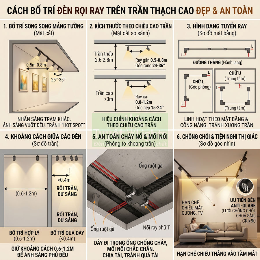 Cách bố trí đèn rọi ray trên trần thạch cao đẹp an toàn, chống chói, chiếu sáng tranh tường và khu vực sofa