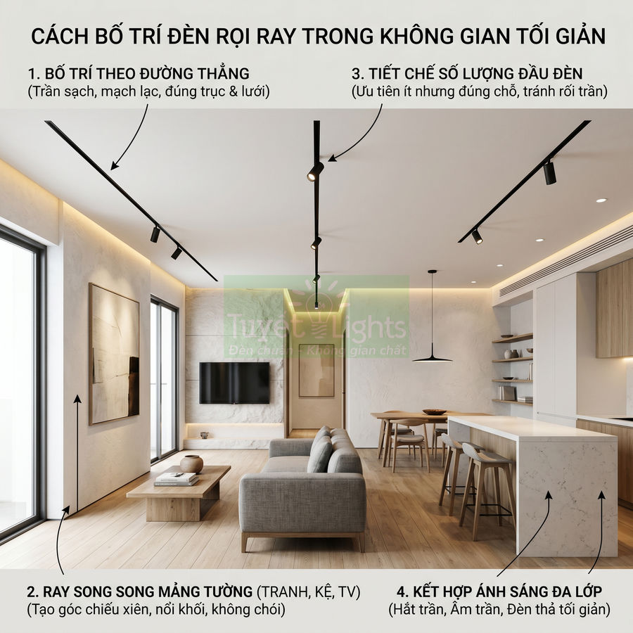 Đèn rọi ray trần đen bố trí tối giản trong phòng khách bếp hiện đại tông gỗ sáng