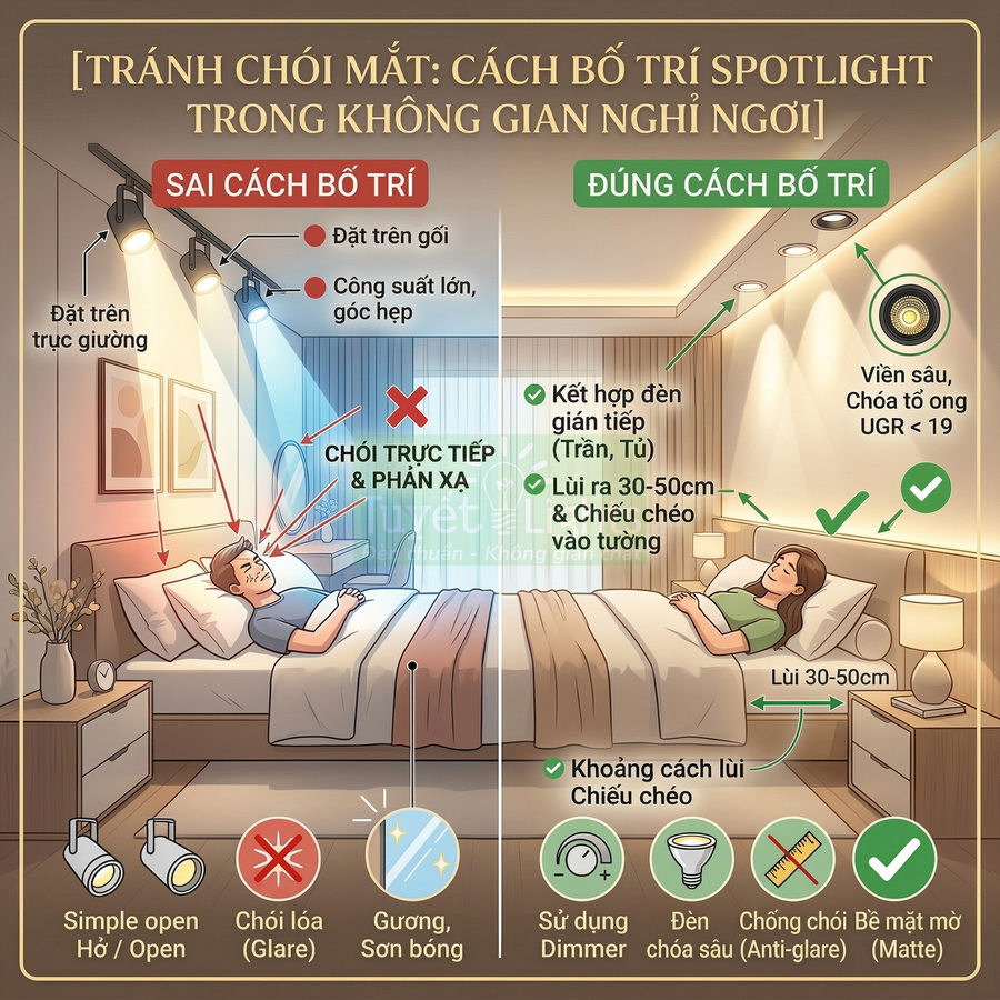 Minh họa so sánh cách bố trí đèn spotlight đúng và sai trong phòng ngủ để tránh chói mắt
