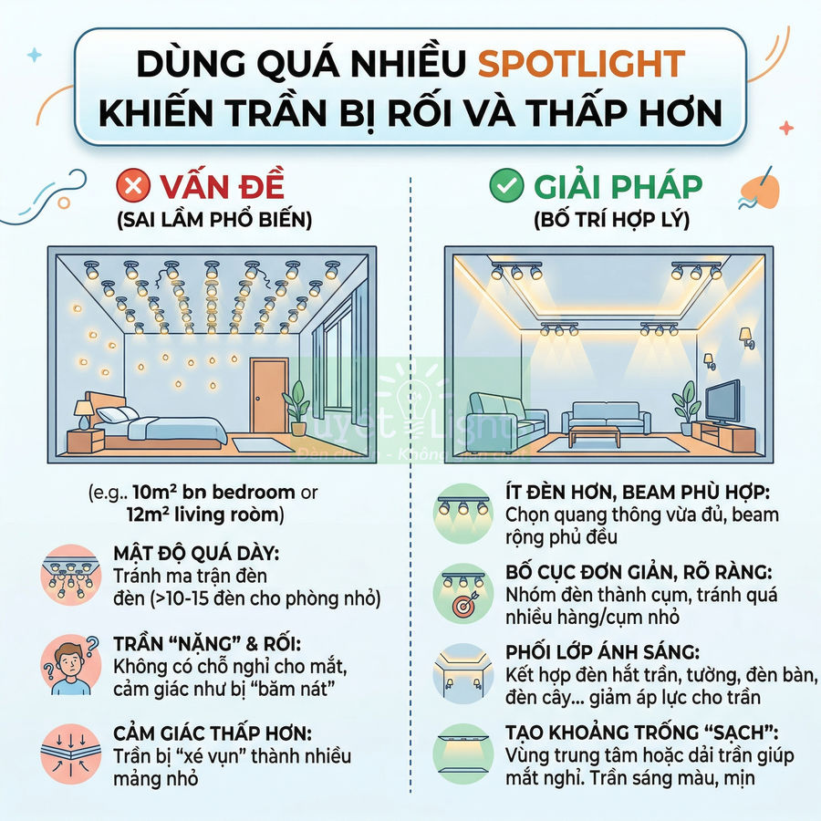 Infographic hướng dẫn bố trí đèn spotlight trần nhà hợp lý, so sánh phòng dùng quá nhiều đèn với phòng dùng ít đèn hơn