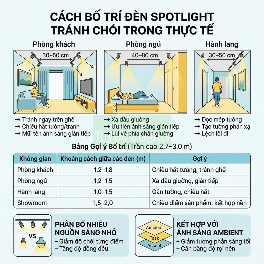 Hướng dẫn bố trí đèn spotlight chống chói cho phòng khách, phòng ngủ, hành lang và showroom trong nhà