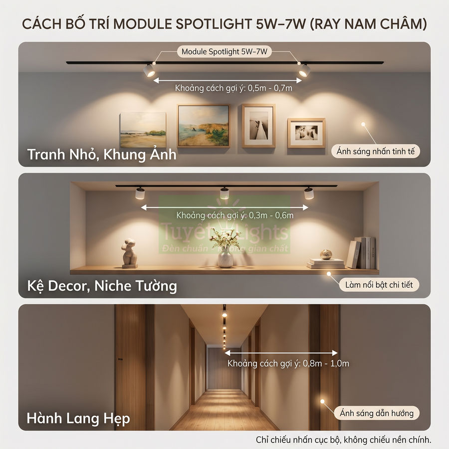 Cách bố trí đèn ray nam châm spotlight 5W 7W chiếu tranh, kệ decor và hành lang hẹp trong nhà