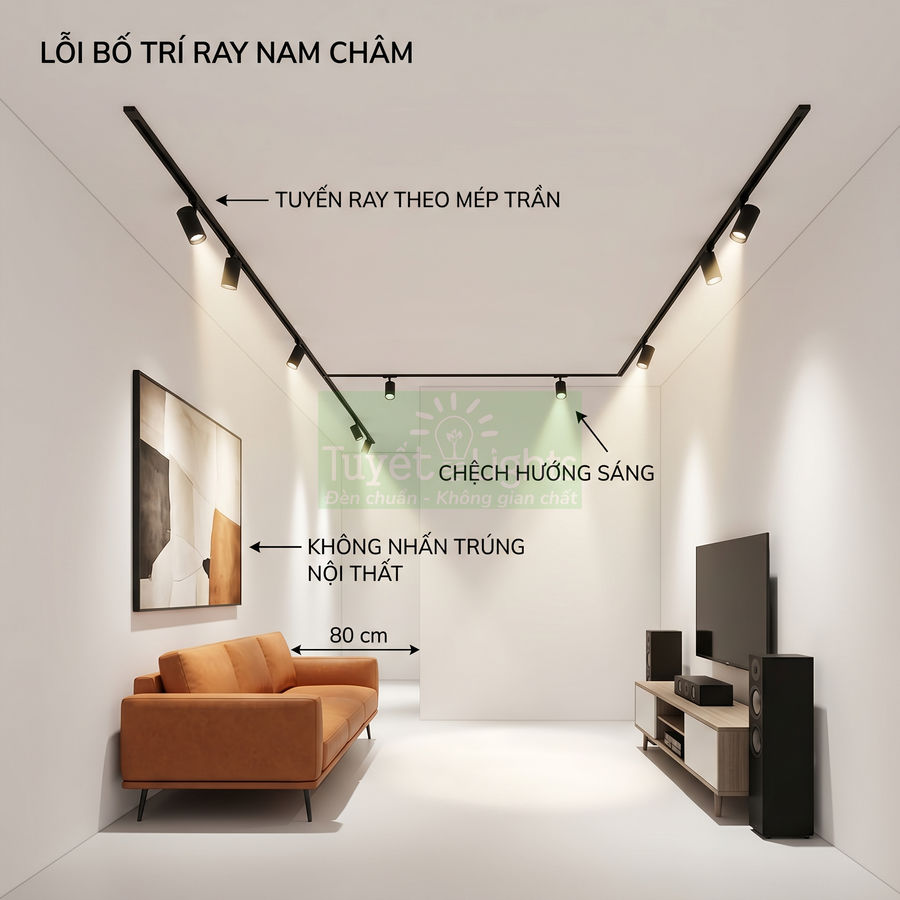 Phòng khách hiện đại lắp đèn ray nam châm trên trần chiếu sáng sofa da cam và kệ tivi