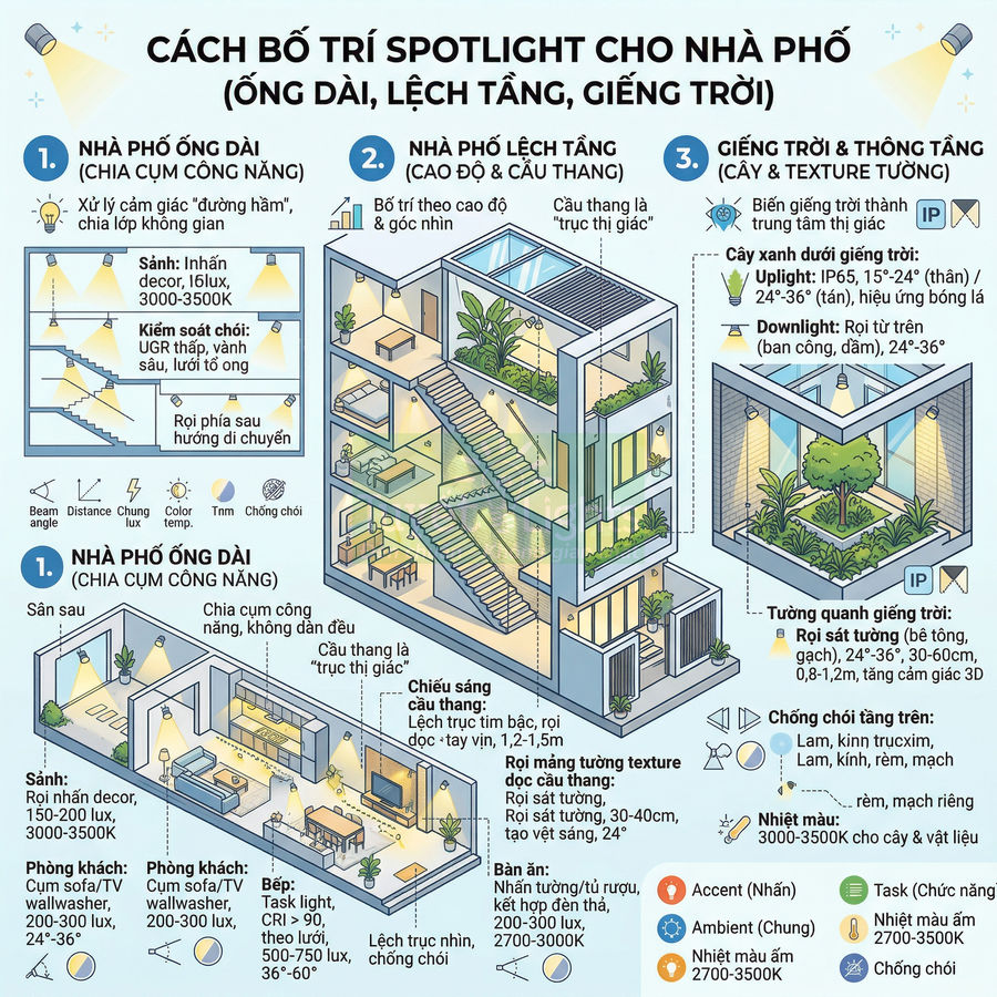 Minh họa cách bố trí đèn spotlight cho nhà phố ống dài lệch tầng và giếng trời tối ưu ánh sáng