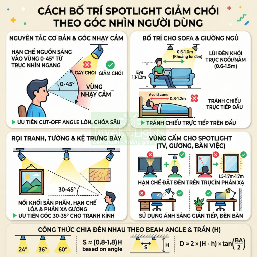 Hướng dẫn bố trí đèn spotlight trong phòng khách và phòng ngủ để giảm chói và tránh chiếu trực tiếp vào mắt
