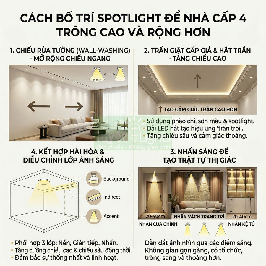 Cách bố trí đèn spotlight trong phòng khách nhà cấp 4 để trần cao và không gian rộng thoáng hơn