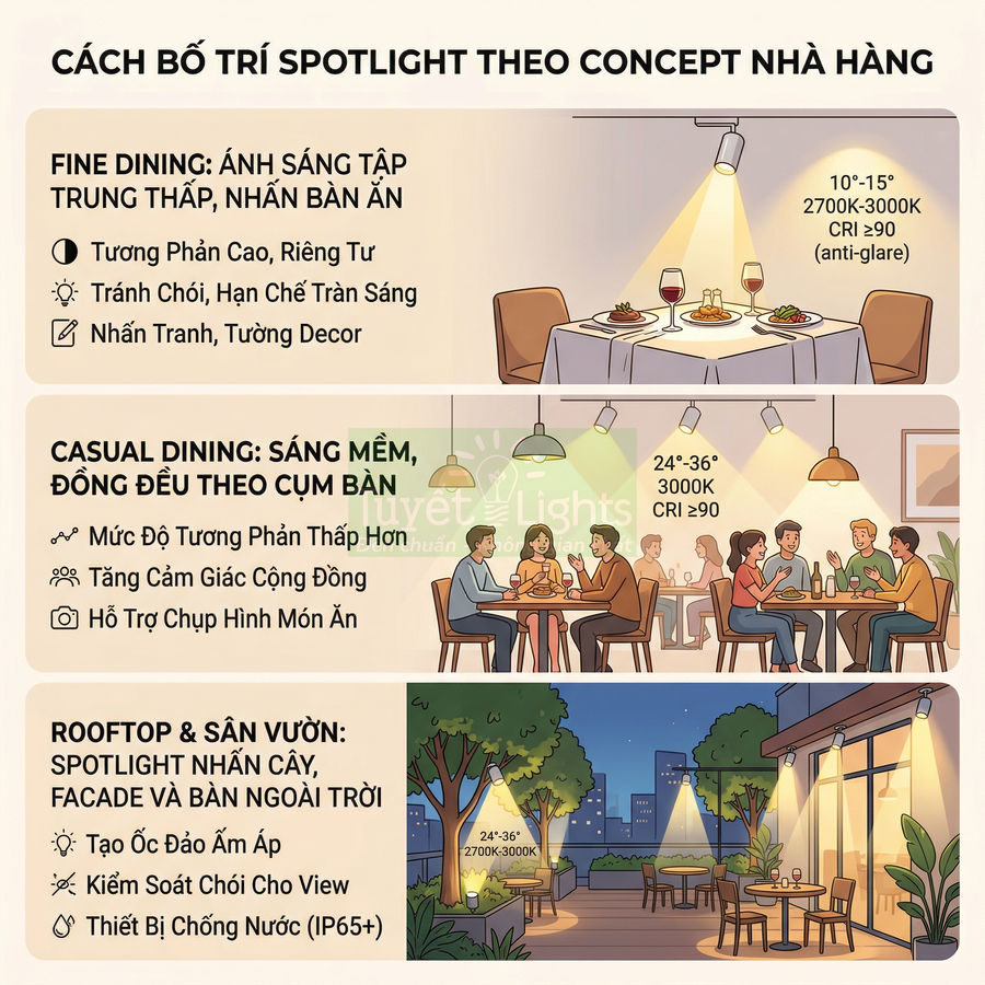 Minh họa cách bố trí đèn spotlight cho nhà hàng fine dining, casual dining và rooftop sân vườn