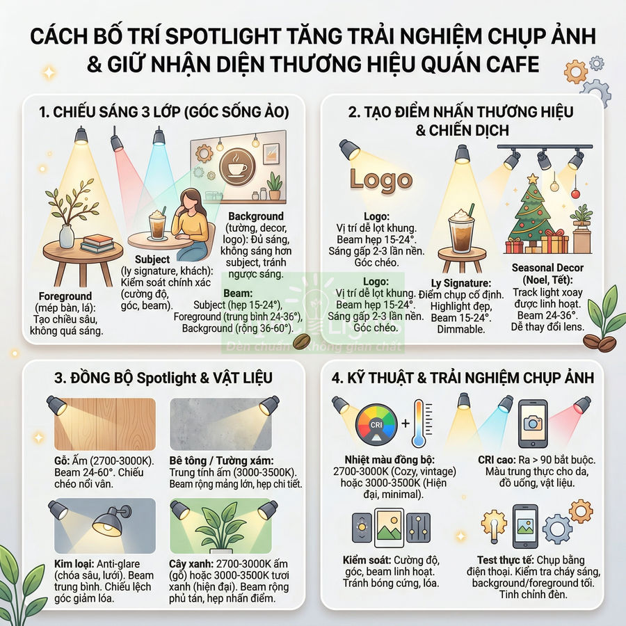 Infographic hướng dẫn bố trí đèn spotlight tăng trải nghiệm chụp ảnh và giữ nhận diện thương hiệu quán cafe