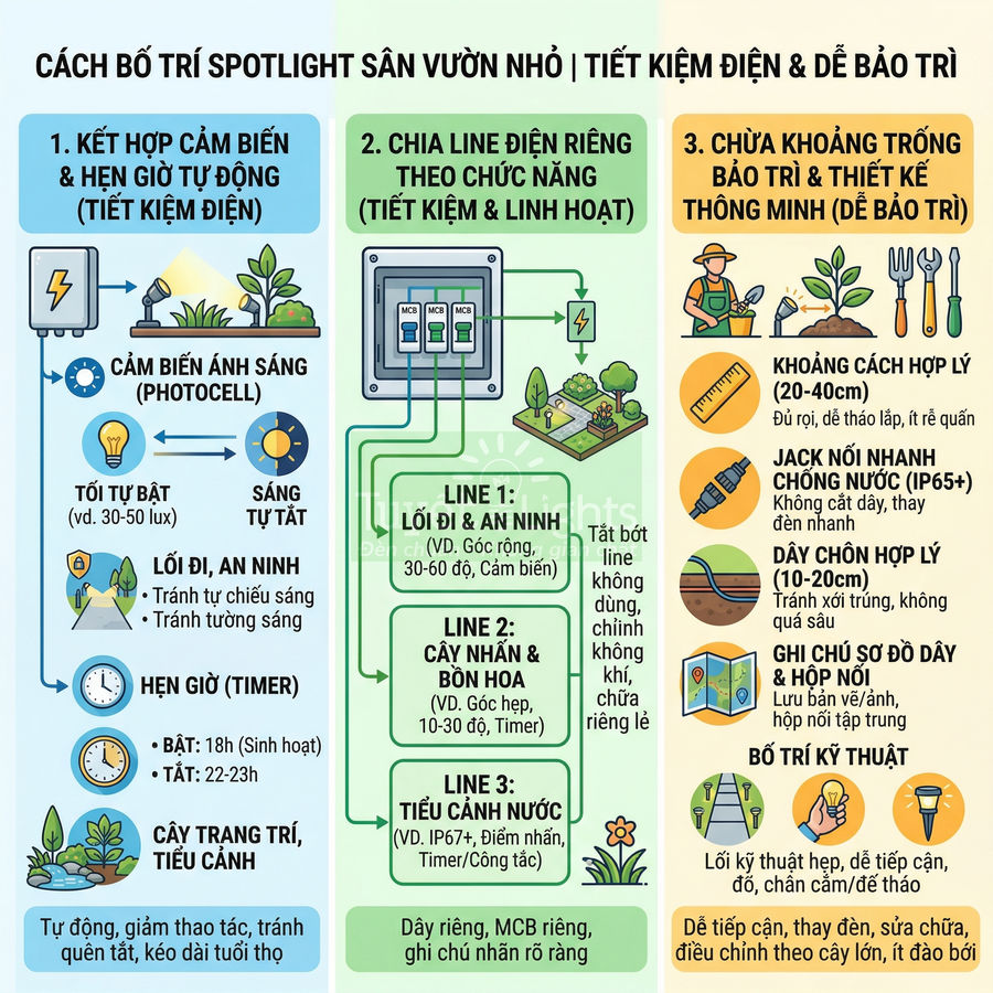 Infographic hướng dẫn bố trí đèn spotlight sân vườn nhỏ tiết kiệm điện và dễ bảo trì