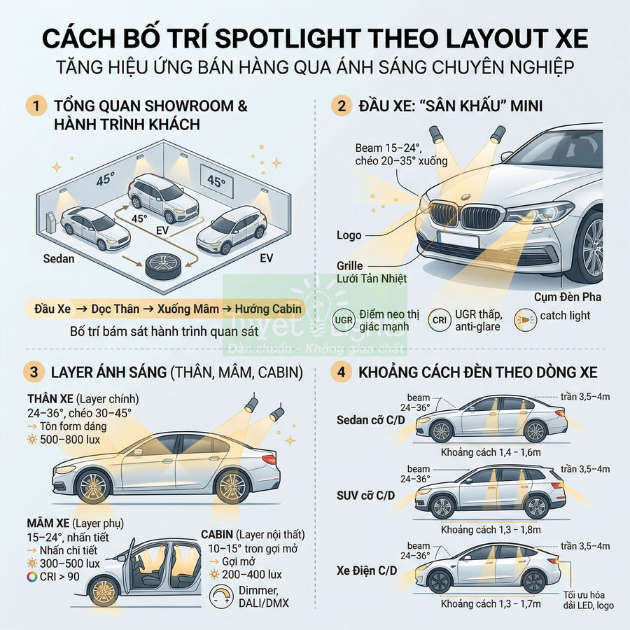 Hướng dẫn bố trí đèn spotlight chiếu sáng ô tô trong showroom để làm nổi bật thân xe, mâm và cabin
