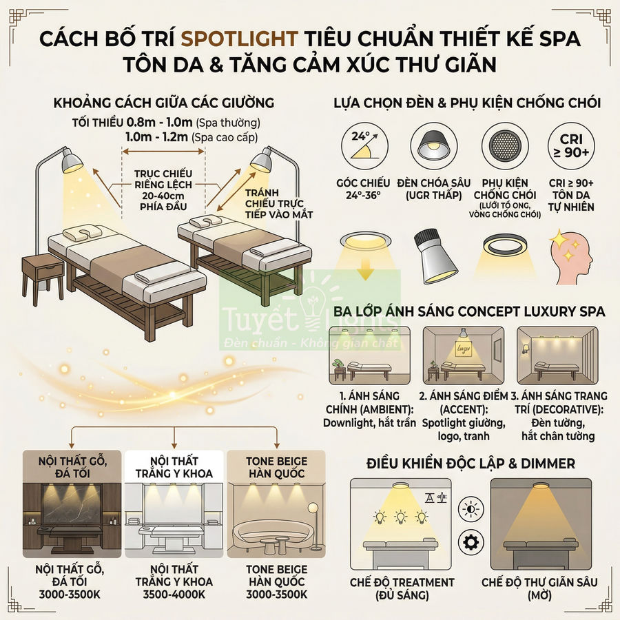 Hướng dẫn bố trí đèn spotlight và ánh sáng chuẩn cho phòng spa thư giãn với giường trị liệu và nội thất gỗ
