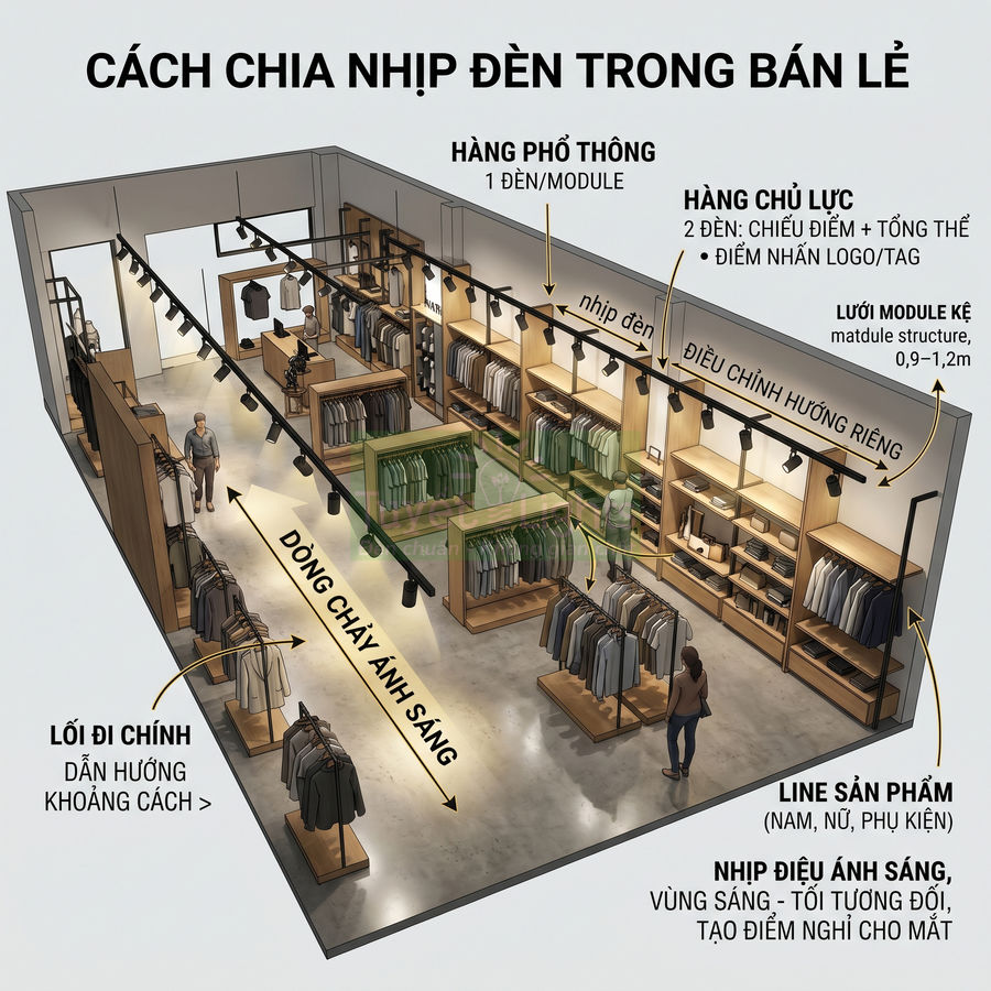 Bố trí hệ thống đèn chiếu sáng cho cửa hàng quần áo thời trang với các kệ treo và lối đi chính