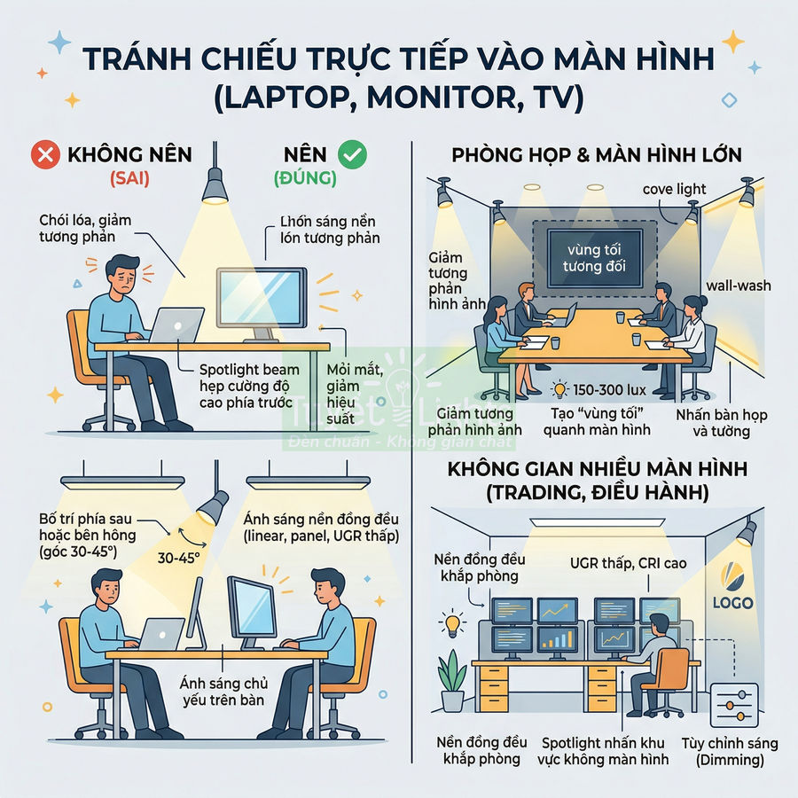 Hướng dẫn bố trí đèn chiếu sáng tránh rọi trực tiếp vào màn hình laptop, monitor và TV trong văn phòng