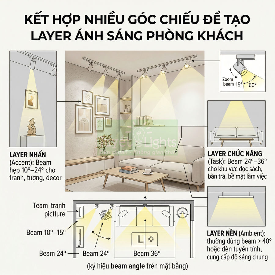 Sơ đồ bố trí đèn rọi ray nhiều góc chiếu tạo các layer ánh sáng cho phòng khách hiện đại