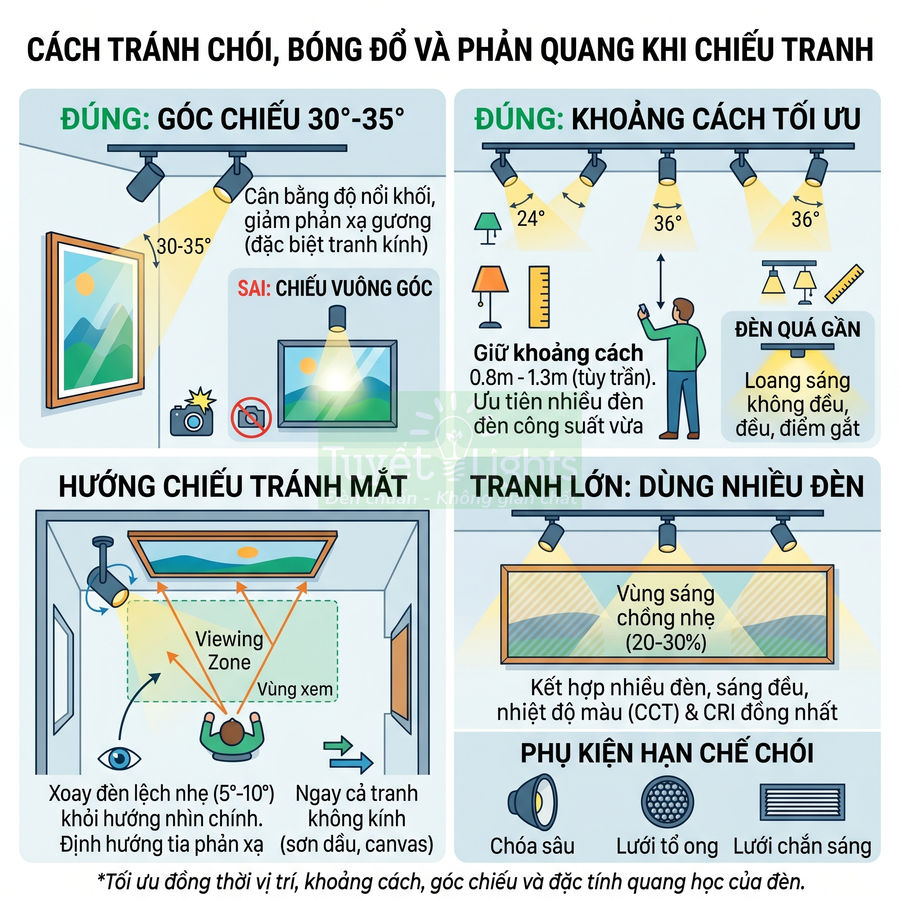 Hướng dẫn chọn đèn chiếu tranh treo tường tránh chói lóa, bóng đổ và phản quang cho không gian trưng bày
