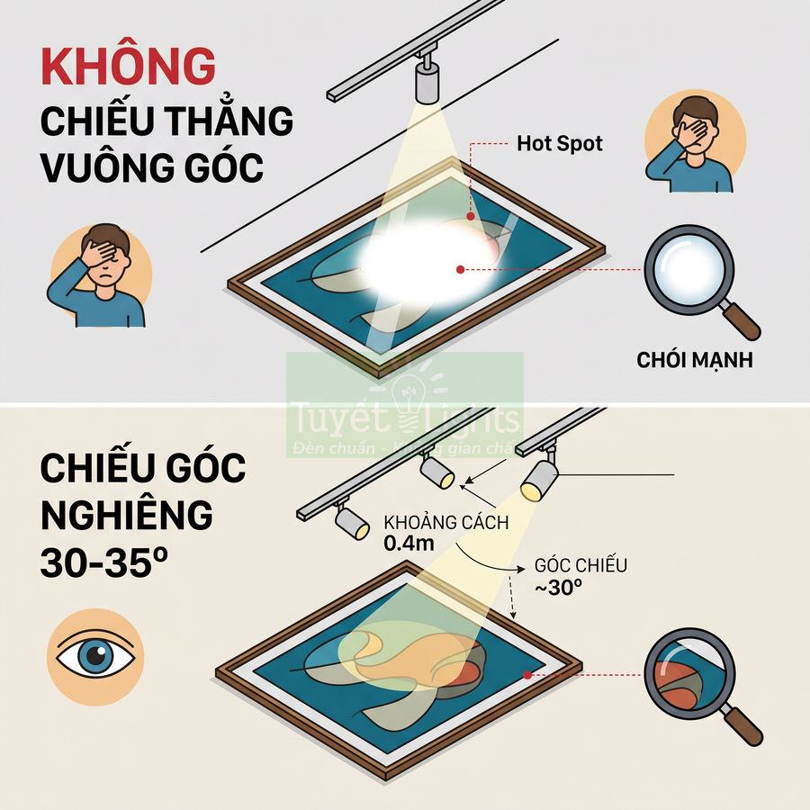 Hướng dẫn dùng đèn rọi tranh Tuyết Lights với góc chiếu nghiêng 30 độ để tránh chói và tạo điểm nhấn cho bức tranh