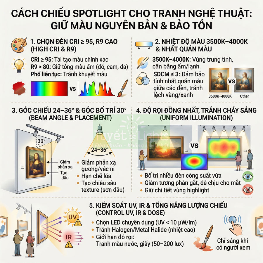 Hướng dẫn chiếu đèn spotlight LED cho tranh nghệ thuật để giữ màu nguyên bản và bảo tồn tranh