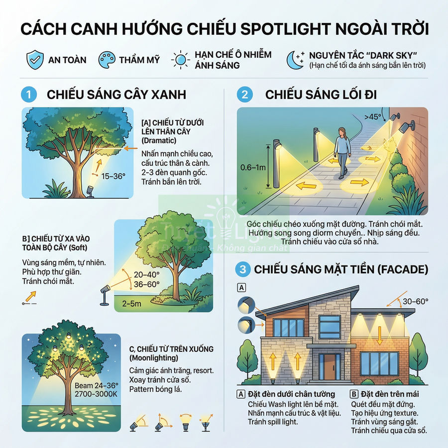 Hướng dẫn chiếu sáng spotlight ngoài trời cho cây xanh, lối đi và mặt tiền nhà an toàn, thẩm mỹ