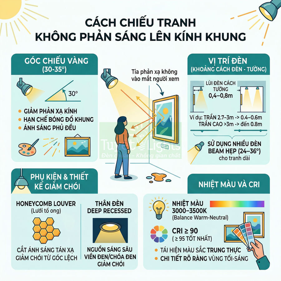 Infographic hướng dẫn cách chiếu đèn tranh không phản sáng lên kính khung với góc chiếu, vị trí đèn và phụ kiện giảm chói