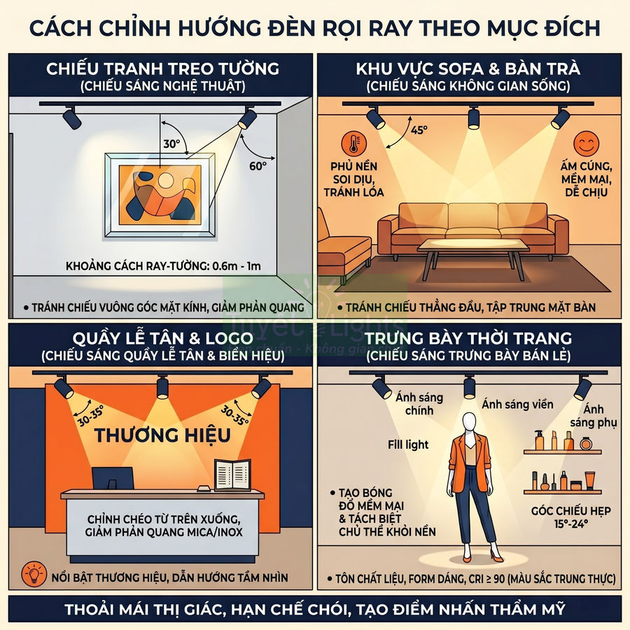 Hướng dẫn chỉnh hướng đèn rọi ray chiếu sáng tranh treo tường, sofa, quầy lễ tân và trưng bày thời trang