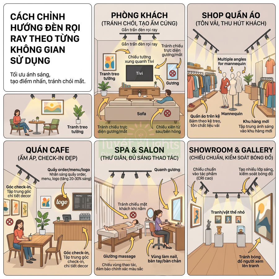 Minh họa cách chỉnh hướng đèn rọi ray cho phòng khách, quán cafe, shop quần áo, spa và showroom trưng bày