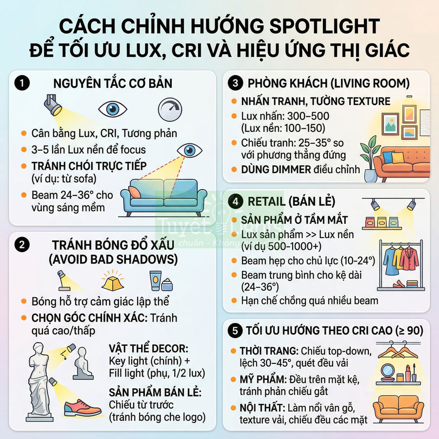 Infographic hướng dẫn chỉnh hướng đèn spotlight tối ưu lux, CRI và hiệu ứng thị giác cho phòng khách, bán lẻ, thời trang
