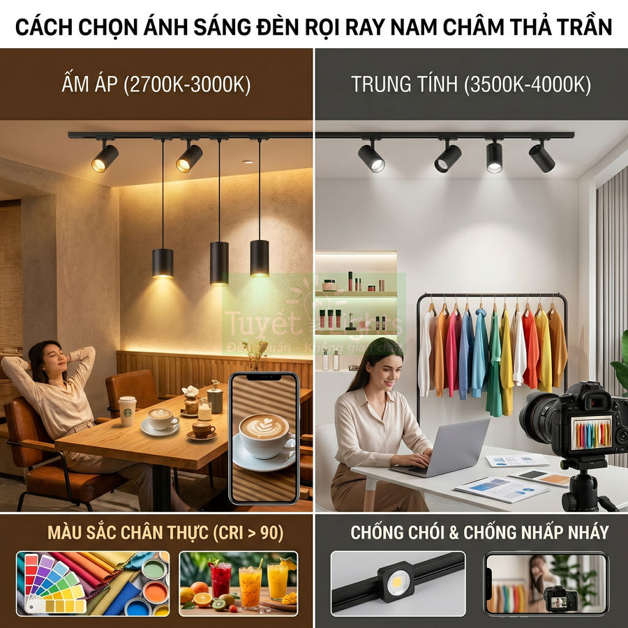 Đèn rọi ray nam châm thả trần ánh sáng ấm và trung tính, CRI cao, chống chói cho quán cà phê và studio làm việc