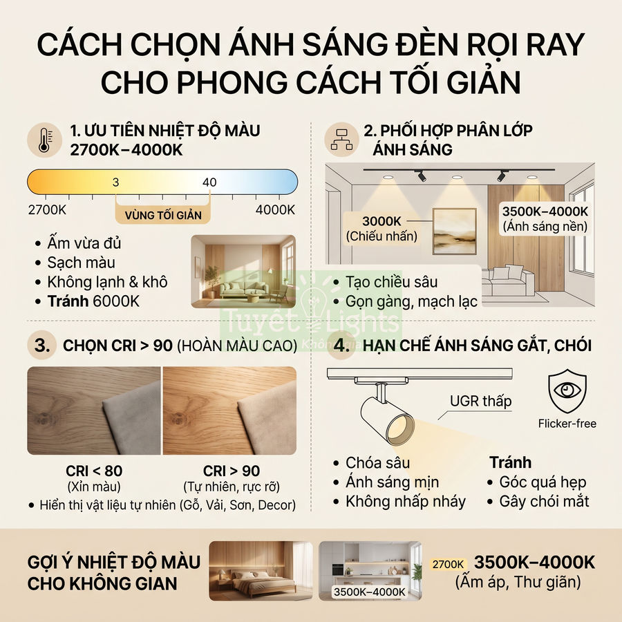 Hướng dẫn chọn ánh sáng đèn rọi ray Tuyet Lights cho nội thất phong cách tối giản, nhiệt độ màu 2700K đến 4000K