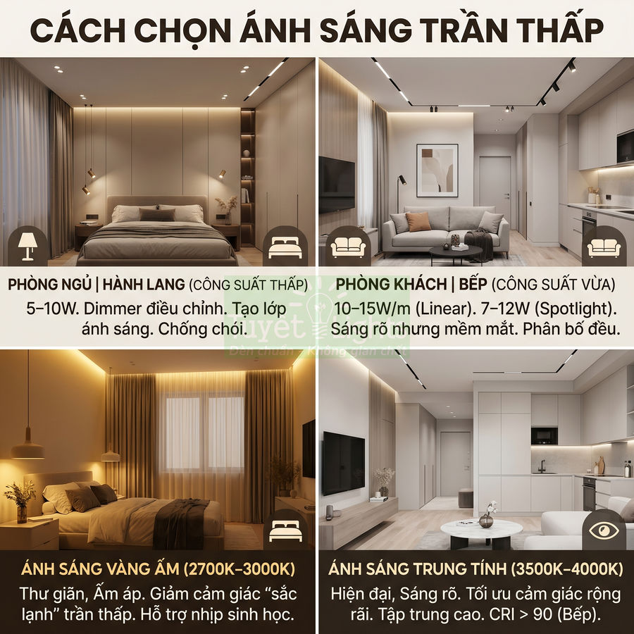Hướng dẫn chọn đèn trần thấp cho phòng ngủ, phòng khách, bếp với ánh sáng vàng ấm và trung tính hiện đại