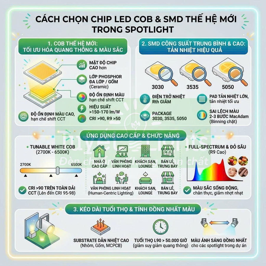 Infographic hướng dẫn cách chọn chip LED COB và SMD thế hệ mới cho đèn spotlight, nêu ưu điểm, ứng dụng và độ bền