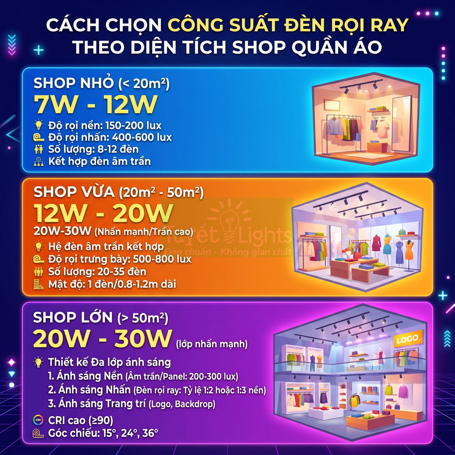 Hướng dẫn chọn công suất đèn rọi ray cho shop quần áo nhỏ vừa lớn theo diện tích và độ rọi phù hợp
