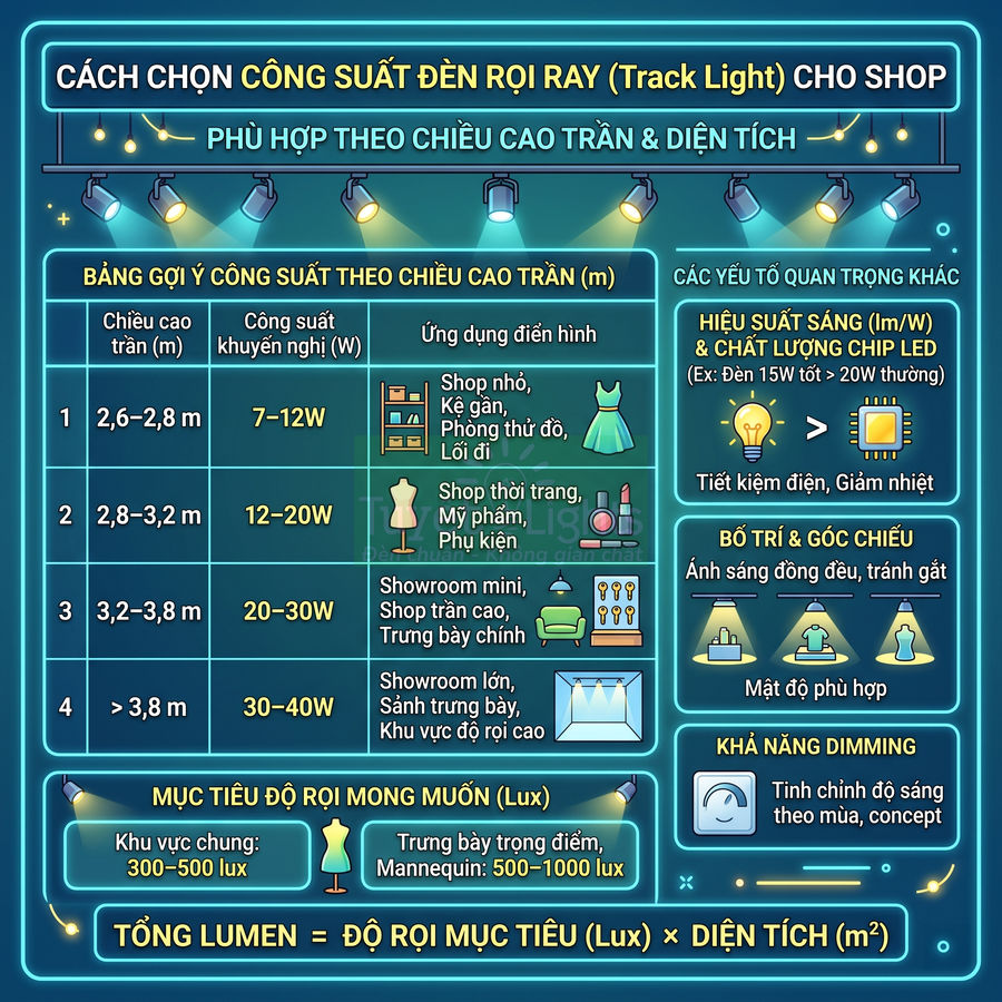 Hướng dẫn chọn công suất đèn rọi ray LED cho shop theo chiều cao trần, diện tích và mục tiêu độ rọi