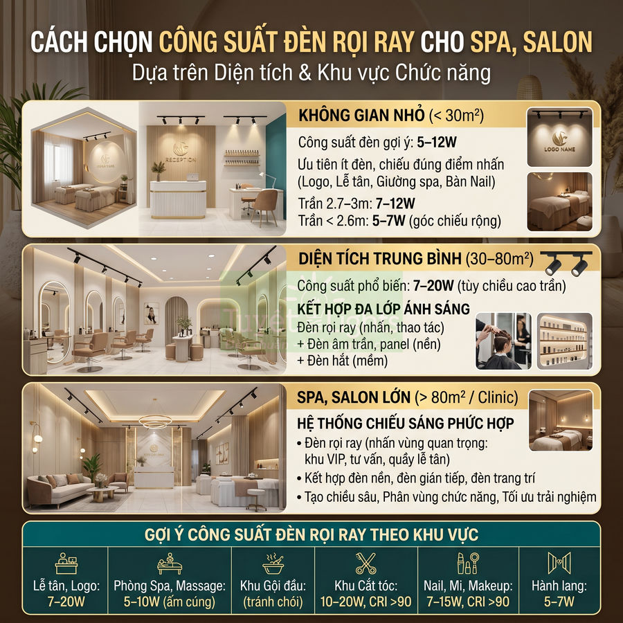 Hướng dẫn chọn công suất đèn rọi ray cho spa salon theo diện tích và từng khu vực chức năng