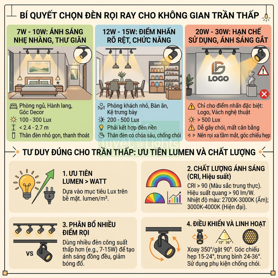 Infographic bí quyết chọn đèn rọi ray cho trần thấp, so sánh công suất, lumen và cách bố trí đèn chiếu sáng