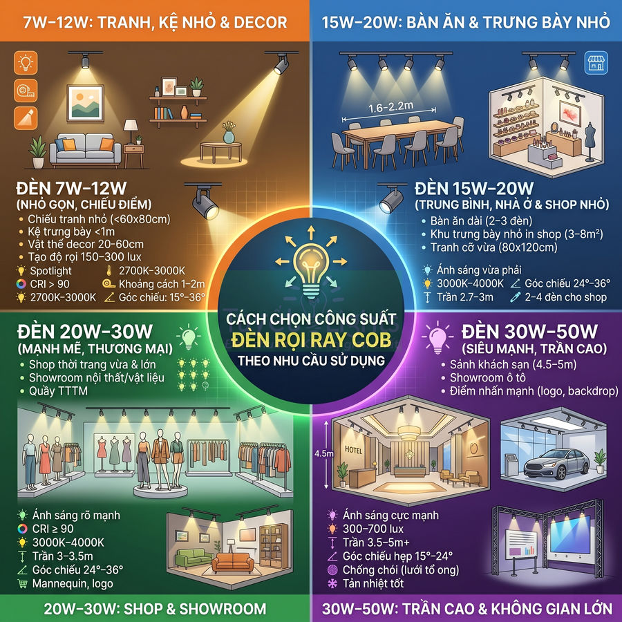 Infographic hướng dẫn chọn công suất đèn rọi ray COB cho tranh decor, bàn ăn, shop thời trang, showroom và trần cao