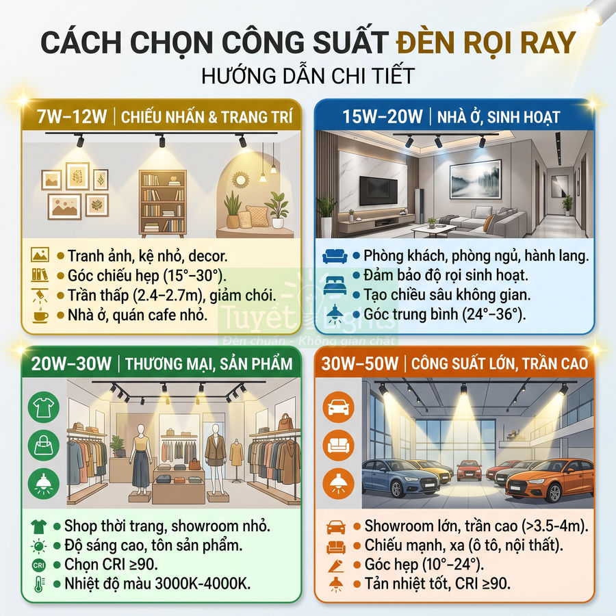 Hướng dẫn chọn công suất đèn rọi ray cho trang trí, nhà ở, shop thời trang và showroom ô tô